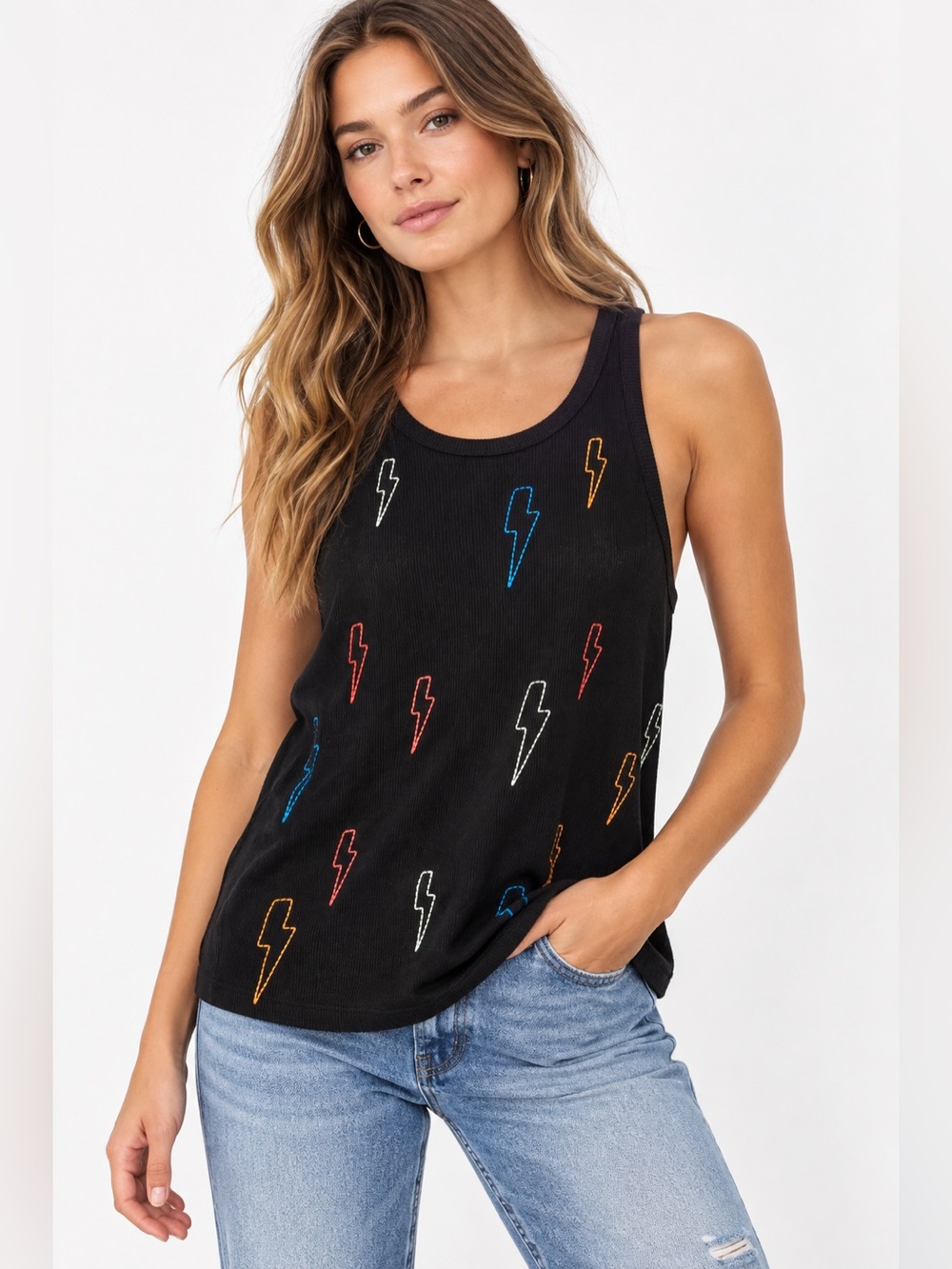 Chaser Womens M Lightning Bolt Tank Top Black Multicolor Embroidered NWT